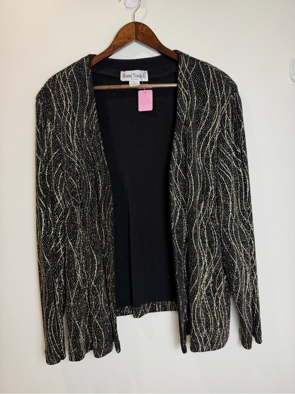 Ronni Nicole Black Gold Glitter Open Front Jacket Cardigan 22W